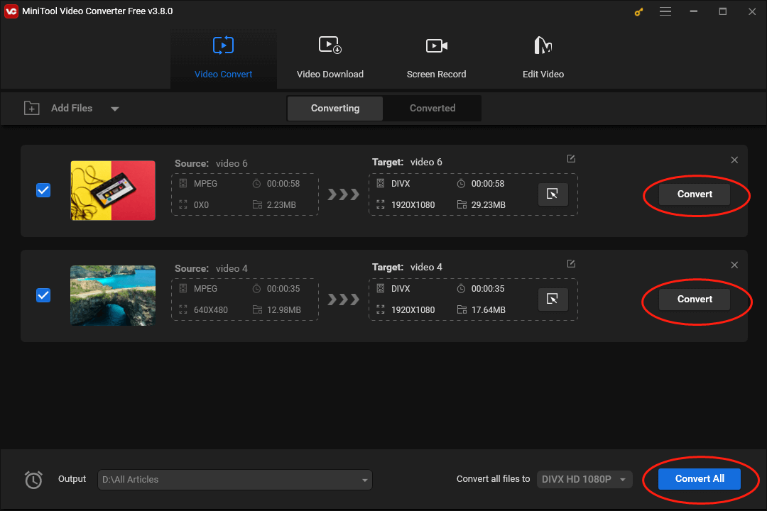Click on the Convert or the Convert All button in MiniTool Video Converter to begin converting MPEG to DIVX