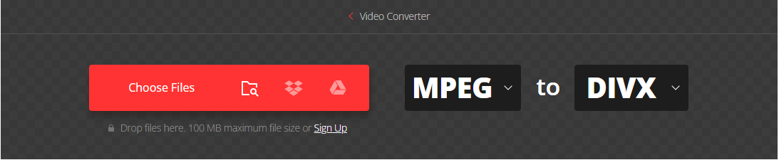 The MPEG to DIVX Converter page of Convertio