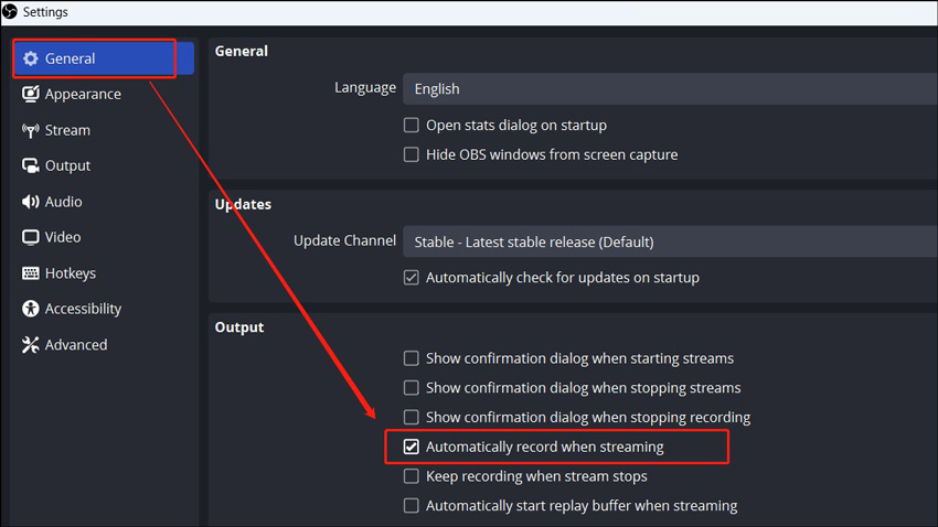 Tick the Automatically record when streaming checkbox under the Output section of OBS