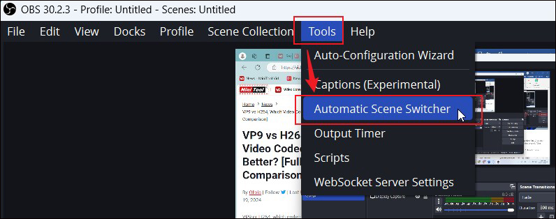 Open the Tools list and choose the Automatic Scene Switcher option in OBS