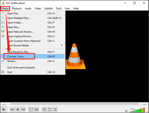 Click the Convert / Save… button under the Media tab to open the Open Media window for format conversion in VLC