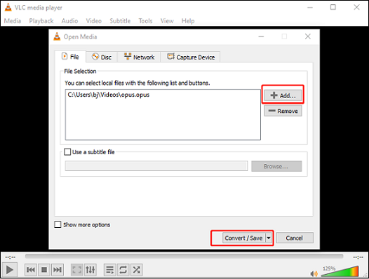 Click the + Add… tab to import the target file for format conversion in VLC