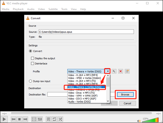 Select OGG as the output format for conversion and choose an output destination in VLC