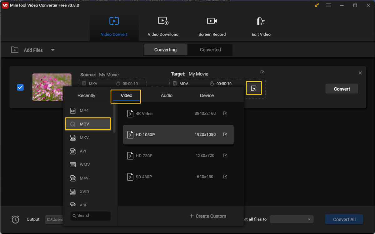 Choose MOV or another format supported by Sony TV in MiniTool Video Converter as the output format