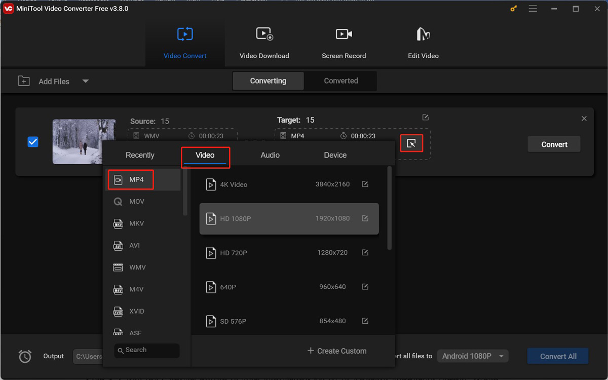 Choose an Android-supported format in MiniTool Video Converter as the target output format