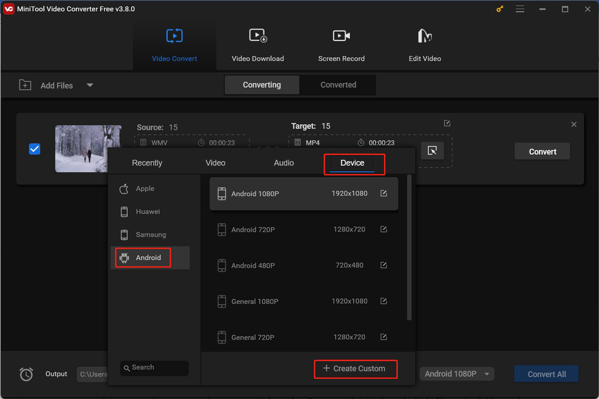 Go to Device to choose one Android preset as the target output format in MiniTool Video Converter