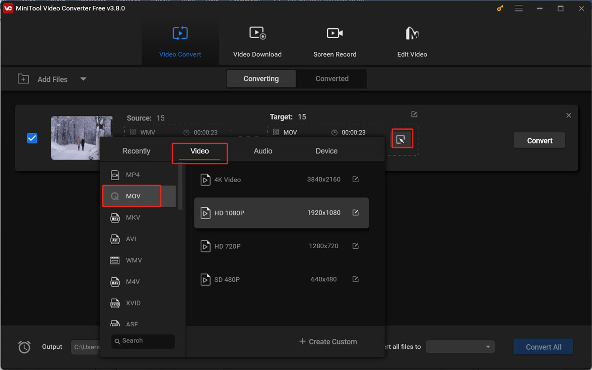 Open the output format window in MiniTool Video Converter to choose MOV or another Mac-supported format as the output format