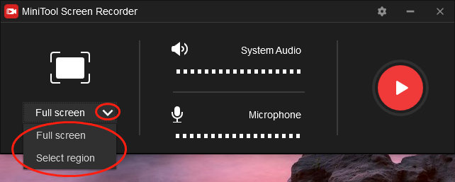 Click on the inverted arrow in MiniTool Screen Recorder to expand the option and choose the recording area