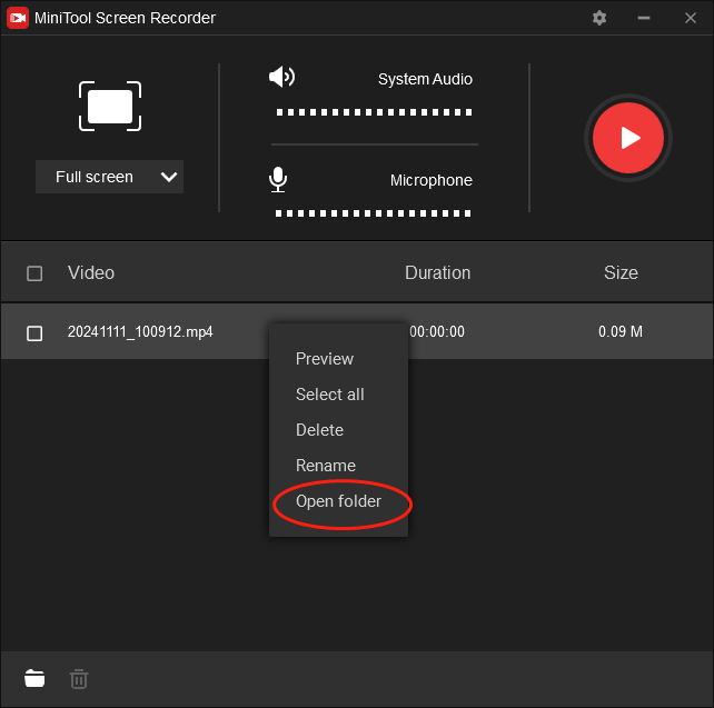 Click on Open folder in MiniTool Video Converter to check your recording file