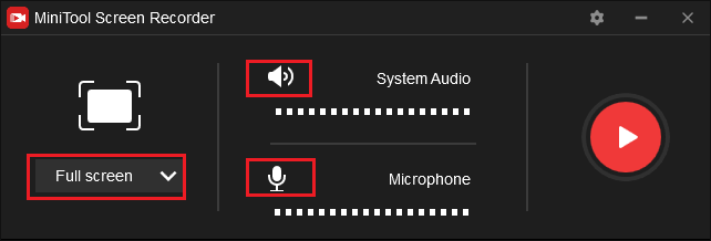 Choose the recording area and audio source on the MiniTool Screen Recorder panel