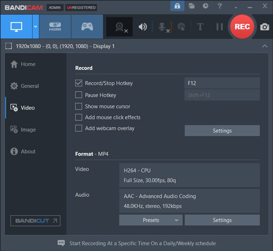 The main interface of Bandicam