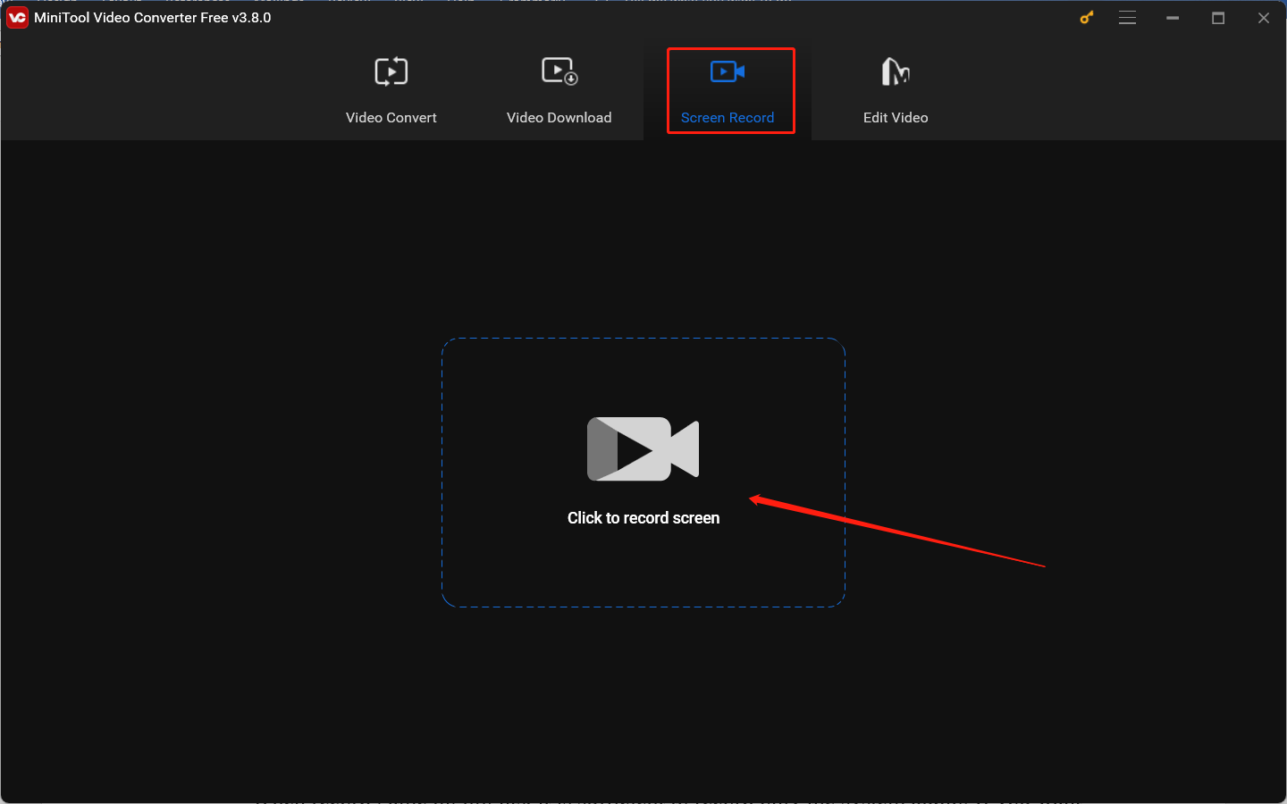 Hit the Click to record screen area under the Screen Record module of MiniTool Video Converter to access MiniTool Screen Recorder