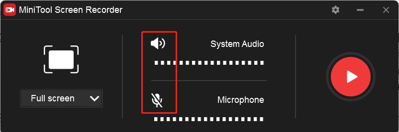 Click the speaker and microphone icons on the MiniTool Screen Recorder panel to turn the system and microphone audio on or off