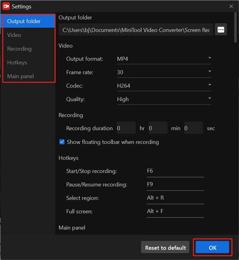 The Settings window of MiniTool Screen Recorder