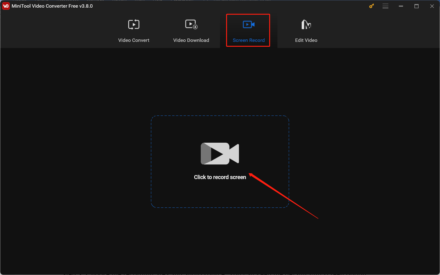 Hit the Click to record screen under the Screen Record module of MiniTool Video Converter to access MiniTool Screen Recorder