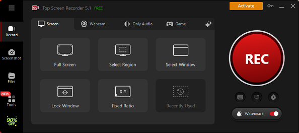 The main interface of iTop Screen Recorder