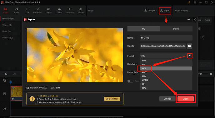 Select MOV as the output format for conversion in MiniTool MovieMaker