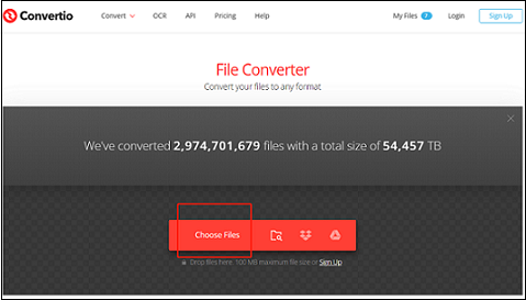 Click the Choose Files button to upload the RMVB file for format conversion in Convertio