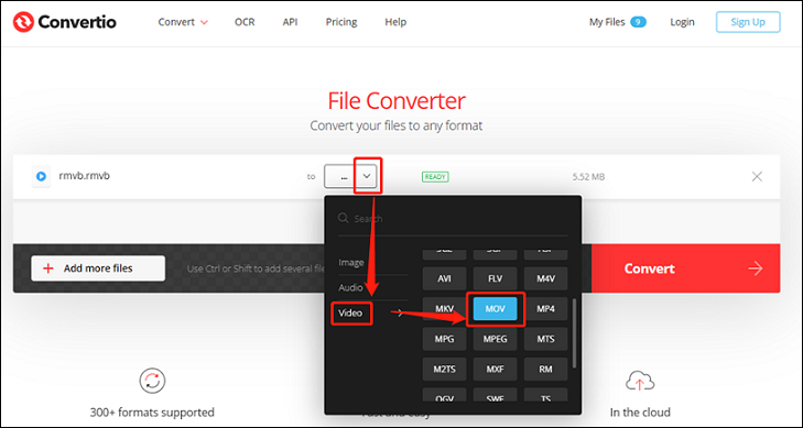 Select MOV as the output format for conversion in Convertio