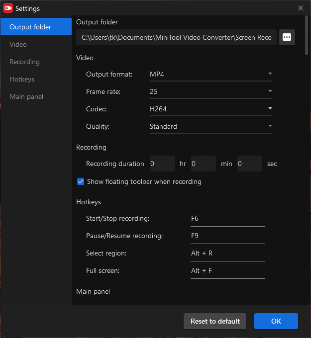 The setup page of the screen recording in MiniTool Screen Recorder