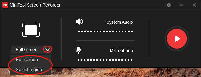 Click on the inverted arrow in MiniTool Screen Recorder to expand the option and select the recording area