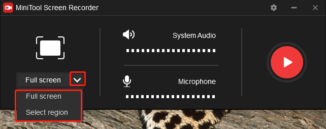 Click on the inverted arrow in MiniTool Screen Recorder to expand the option and choose the recording area