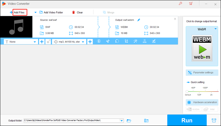 Click the Add Files button to import the target file for format conversion in HD Video Converter Factory Pro