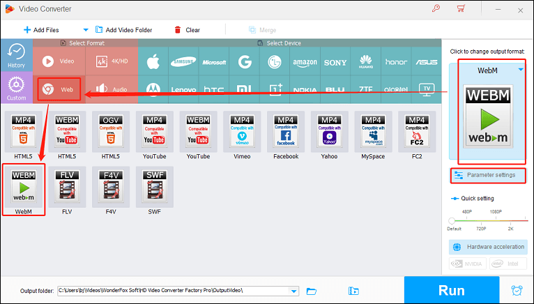 Select WebM as the output format for conversion in HD Video Converter Factory Pro