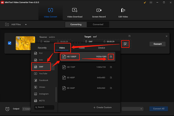 Choose SWF as the output format for conversion in MiniTool Video Converter