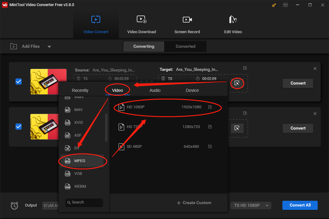 Click on the Edit icon in MiniTool Video Converter to access the output format window and set MPEG HD 1080P as the output format for a single TS file