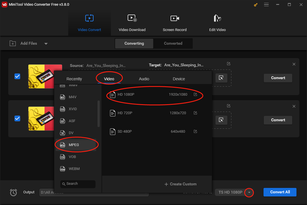 Click on the inverted triangle to expand the Convert all files to option and set MPEG HD 1080P as a uniform output format for multiple TS files