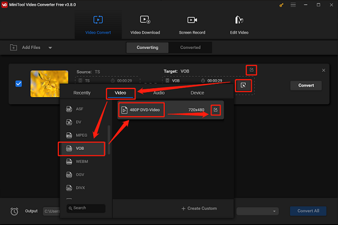 Select VOB as the output format for conversion in MiniTool Video Converter