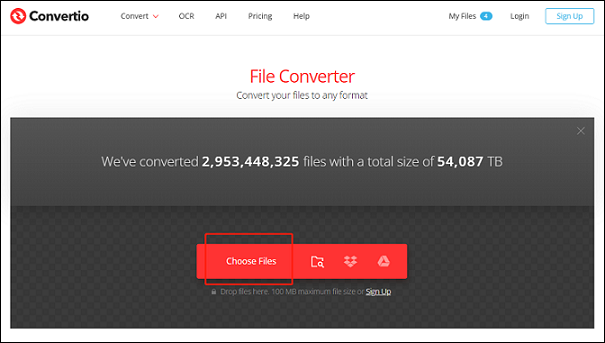 Click the Choose Files button to import the TS file for format conversion in Convertio