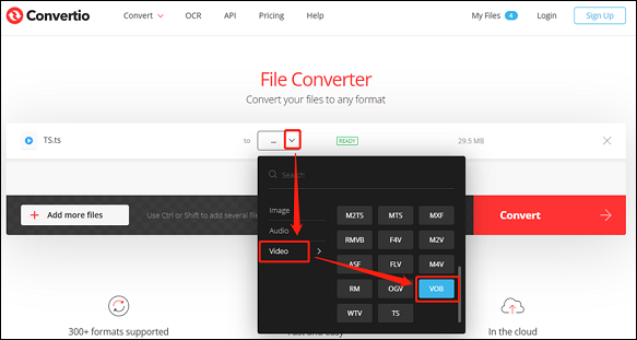 Choose VOB as the output format for conversion in Convertio