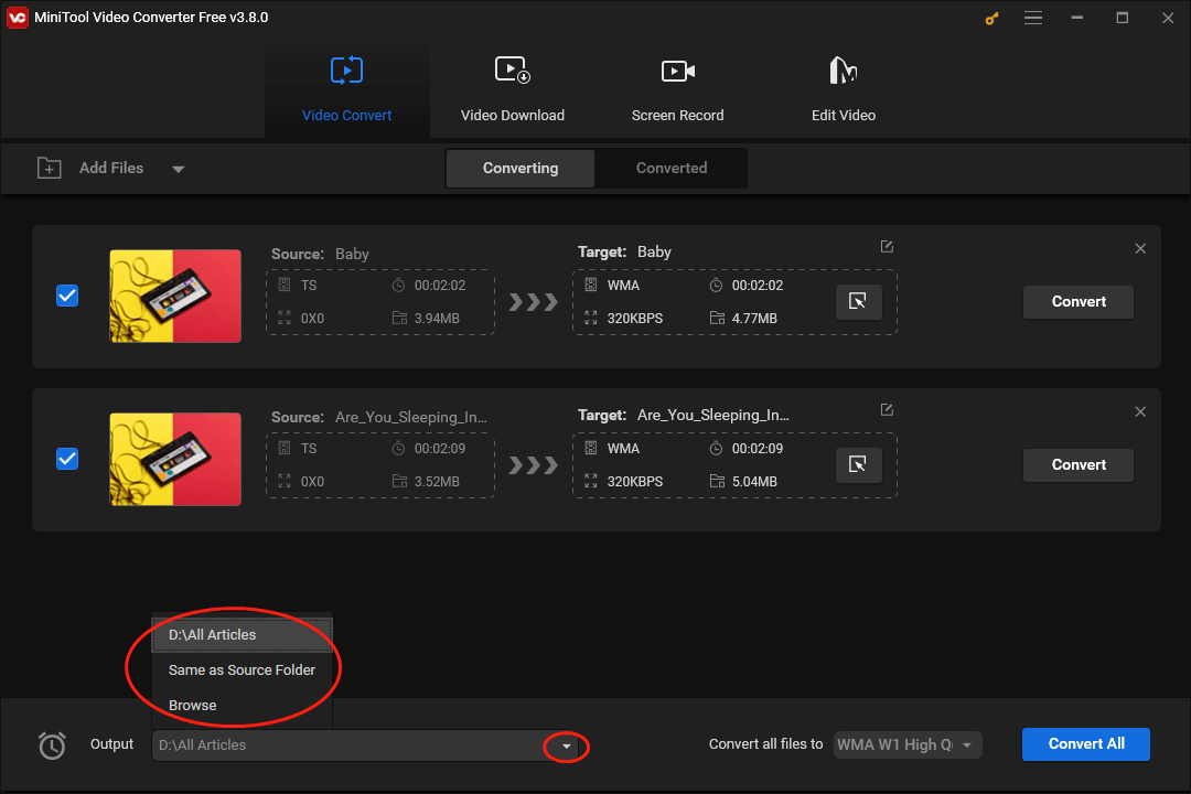 Click on the inverted arrow in MiniTool Video Converter to expand the Output option and determine the output location