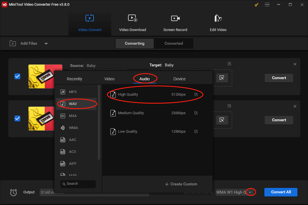 Click on the inverted arrow in MiniTool Video Converter to expand the Convert all files to option and select WAV High Quality as the output format for multiple TS files