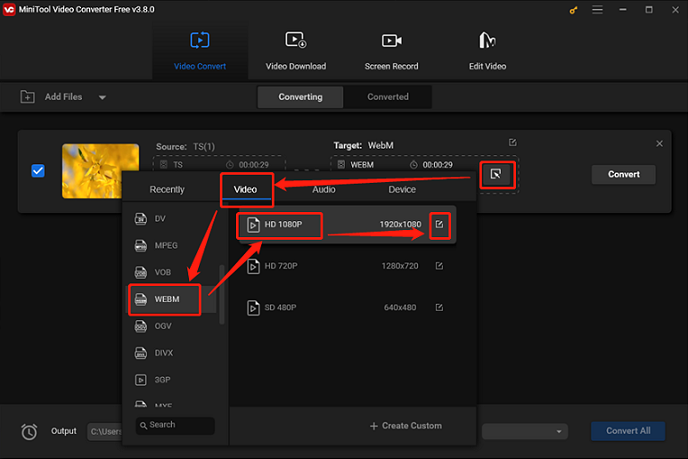 Choose WEBM as the output format for conversion in MiniTool Video Converter