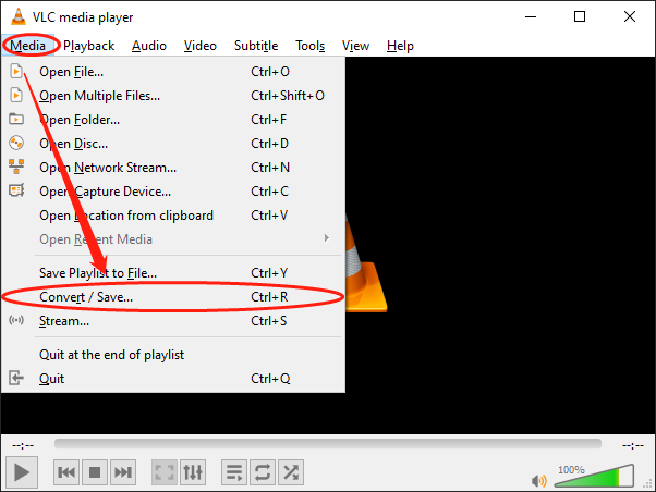 Click on Media in the menu bar of VLC to expand the option and choose Convert/Save to enter the Open Media window