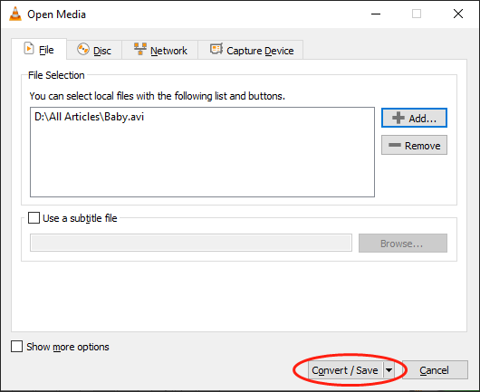 Click on the Convert/Save button in the Open Media interface of VLC to access the Convert page