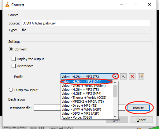 Expand the Profile option in the Convert window of VLC to set H.264 + MP3 (MP4) as the output format and choose a saving path