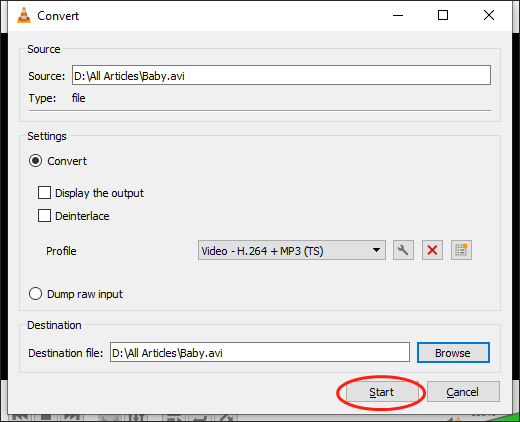 Click on the Start button in the Convert page of VLC to begin the file conversion