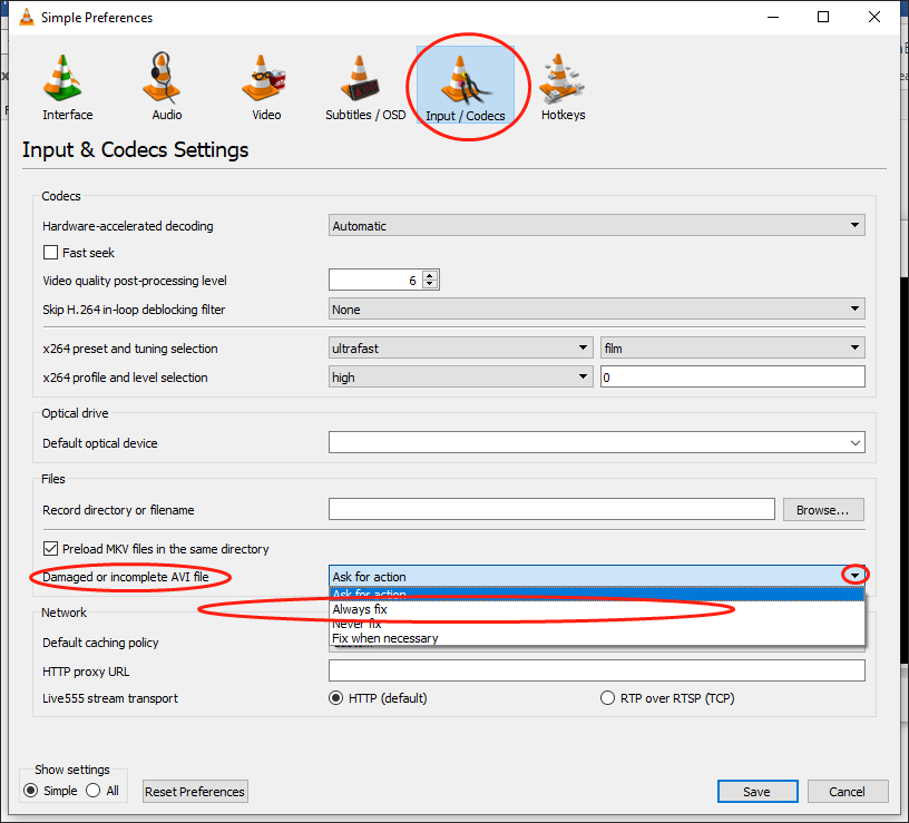 Switch to the Input/Codecs module and expand the Damaged or incomplete AVI file option in the Simple Preferences of VLC to choose Always fix