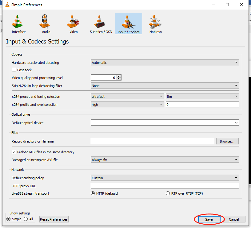 Click on the Save button in the Simple Preferences window of VLC to save the changes that you have made before