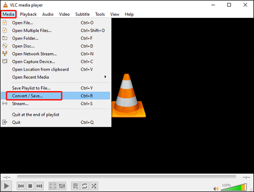 Click the Convert / Save… button to open the Open Media window for format conversion in VLC