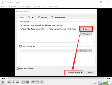 Click the + Add button to upload the target file for format conversion in VLC