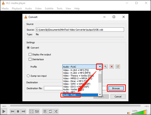 Select FLAC as the output format for conversion in VLC