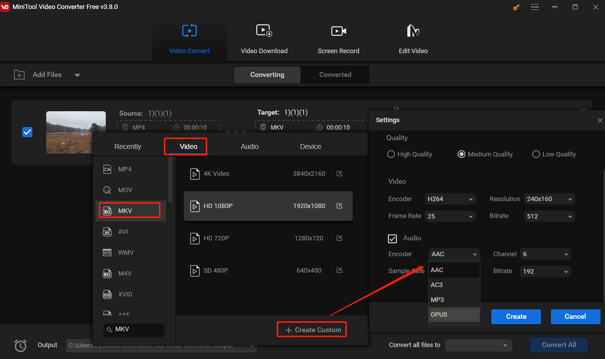 Choose MKV encoded with Opus as the output format in MiniTool Video Converter