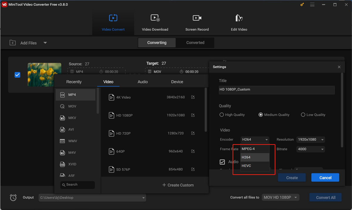 Change VP9 or H264 codec in MiniTool Video Converter