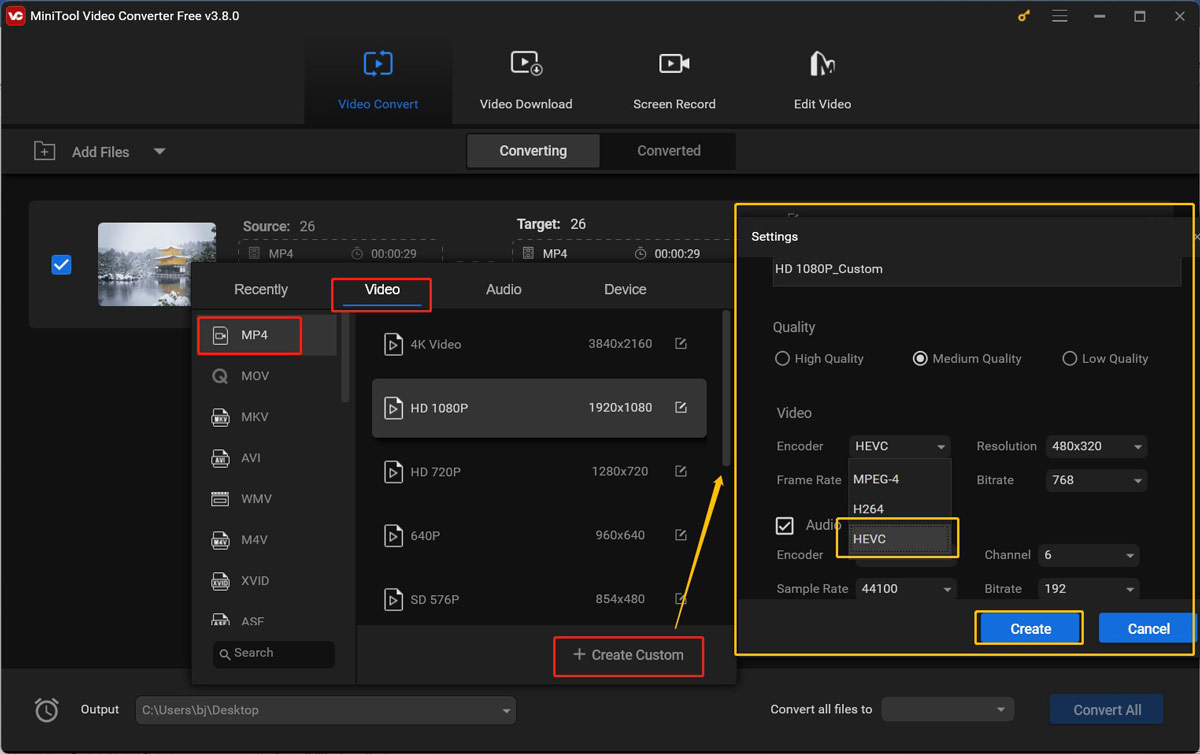 Reencode the video to HEVC in MiniTool Video Converter