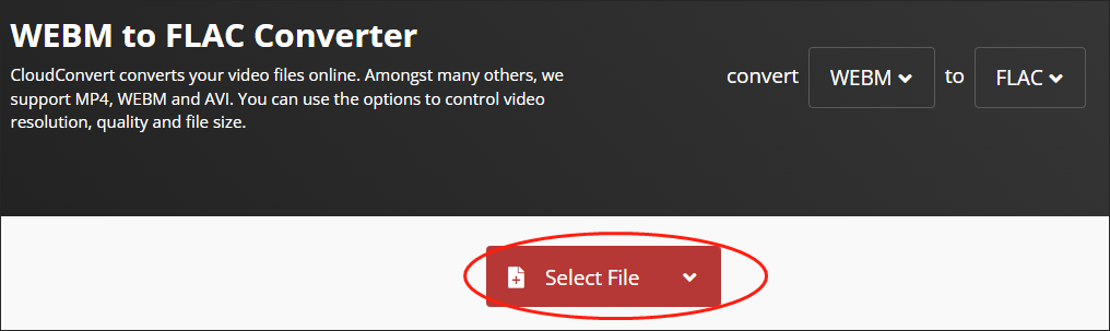 Click on the Select File button in CloudConvert to upload your WEBM files